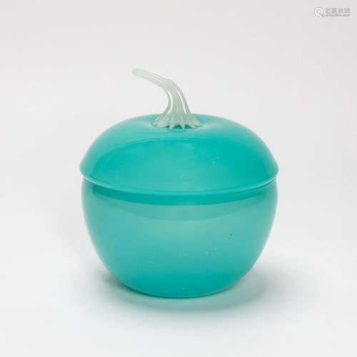 ART GLASS TURQUOISE LIDDED FRUIT FORM BOWL