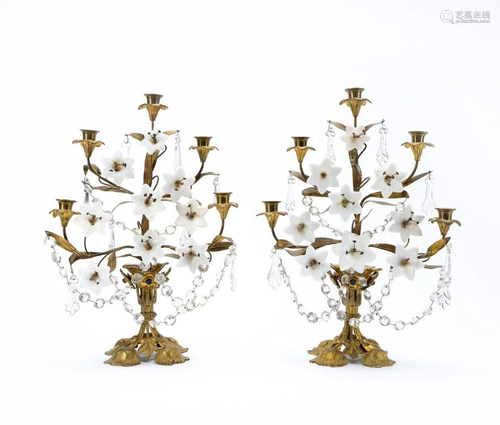 PAIR, FRENCH GILT, MILK GLASS & CRYSTAL CANDELABRA