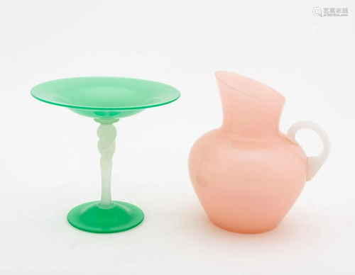 2 GLASS PCS, GREEN STEUBEN TAZZA & PINK PITCHER