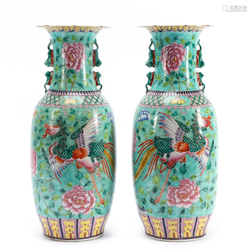 PR., CHINESE LARGE PHOENIX & PEONY PORCELAIN VASES