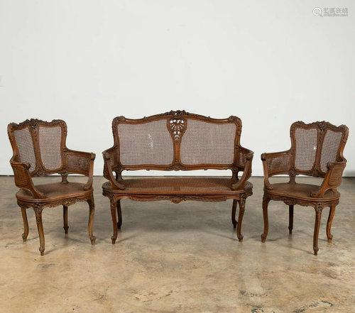 19TH/20TH C. FRENCH CANED SETTEE & TWO CHAIRS