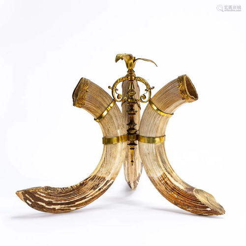 EUROPEAN TRIPLE-HORN & GILT METAL CENTERPIECE