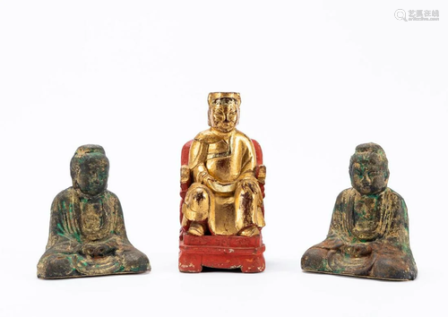 THREE ASIAN BUDDHA FIGURES, ONE GILTWOOD