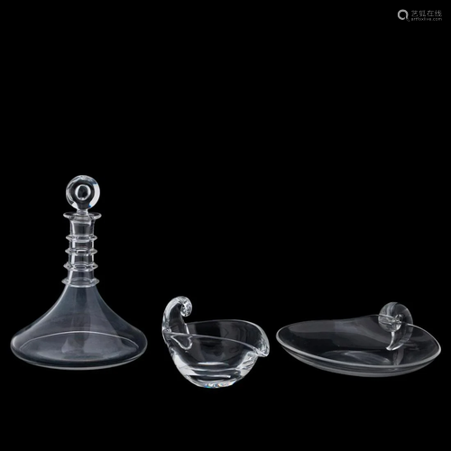 3 STEUBEN COLORLESS PIECES, 2 NAPPIES & DECANTER