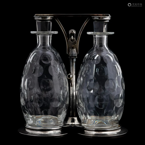 HAWKES CUT GLASS & SILVERPLATE TANTALUS SET, 3PC