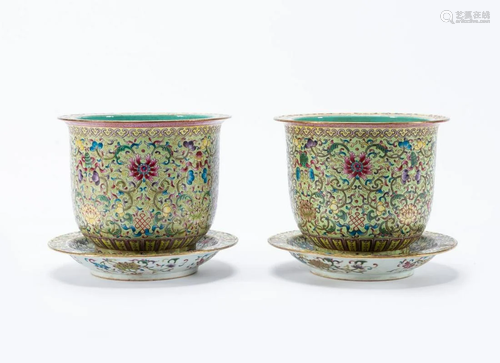 PAIR, CHINESE FAMILLE ROSE PLANTERS & UNDERPLATES