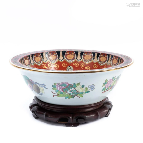 CHINESE IMARI PEACOCK PORCELAIN BASIN ON STAND