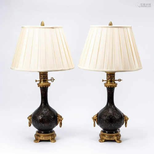 PR., 19TH C. GILT BRONZED METAL CHINOISERIE LAMPS