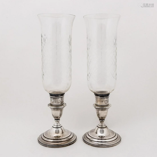 PAIR, INTERNATIONAL SILVER & CUT GLASS HURRICANES