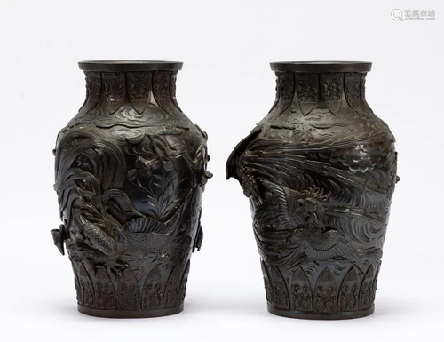 PAIR, JAPANESE PHOENIX MEIJI TYPE BRONZE URNS