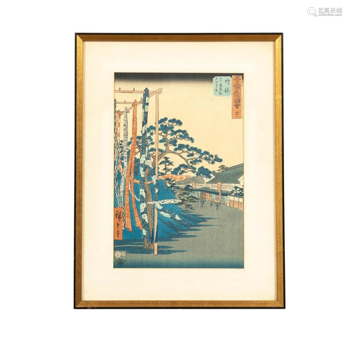 HIROSHIGE JAPANESE WOODBLOCK PRINT, FRAMED