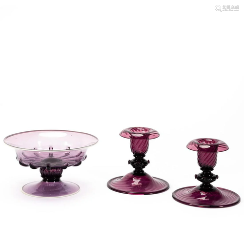 CARDER STEUBEN AMETHYST COMPOTE & PR. CANDLESTICKS