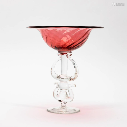 OPTIC CRANBERRY & COLORLESS ART GLASS COMPOTE