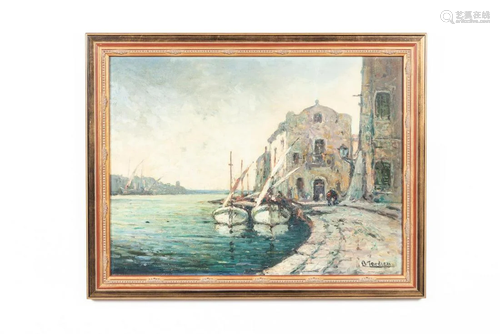 A. TARDIEU, OIL ON CANVAS HARBOR SCENE W/ BOATS