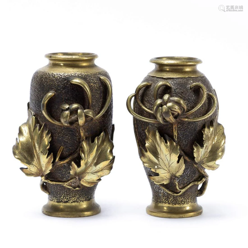 PAIR, JAPANESE BRONZE SPIDER CHRYSANTHEMUM VASES