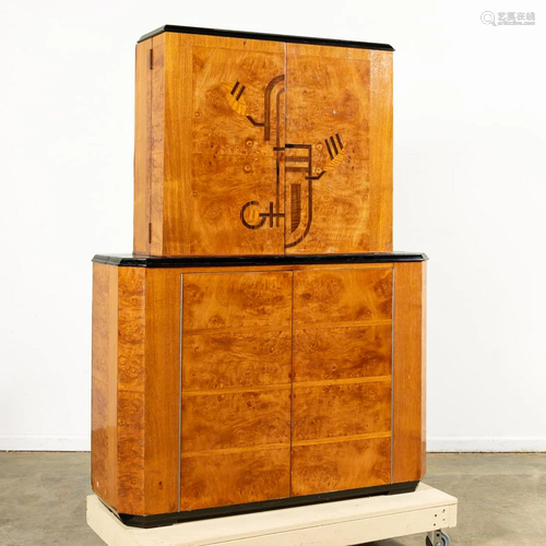 ART DECO BURL WOOD INLAID BAR CABINET, C. 1934