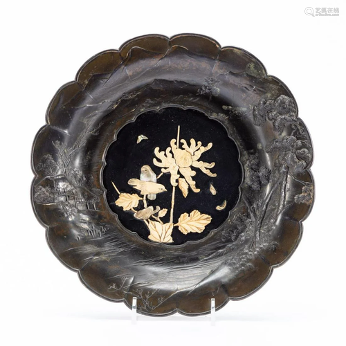 JAPANESE METAL, MOP, & BONE FLOWER FORM DISH