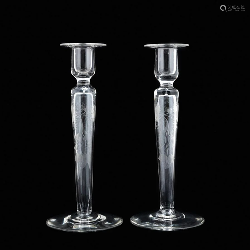 PR., HAWKES ENGRAVED GLASS GRAPEVINE CANDLESTICKS