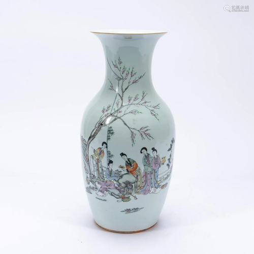 CHINESE CELADON FAMILLE ROSE FIGURAL VASE