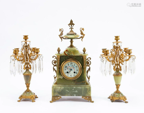 3 PC FRENCH GREEN ONYX CLOCK & GARNITURE SET