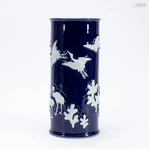 CHINESE COBALT VASE WITH WHITE CRANES & LEAVES