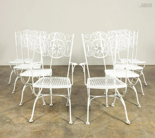 Set, Eight White Painted Wrought Iron Patio Chairs