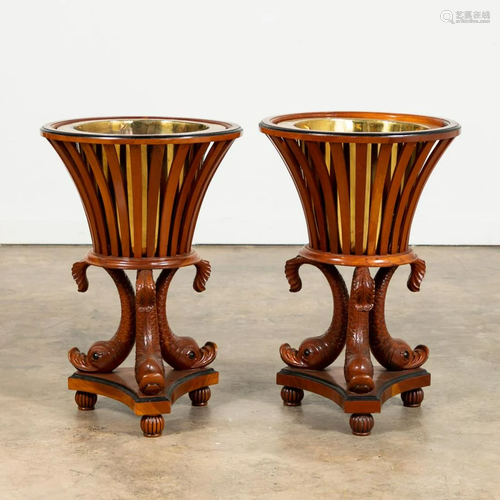 PAIR, REGENCY STYLE JARDINIERES WITH DOLPHIN BASES