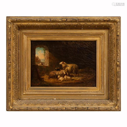 19TH C., LOUIS REINHARDT, SHEEP, GILTWOOD FRAME