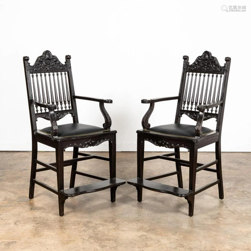 PAIR, CARVED BILLIARDS SPECTATOR’S HIGH CHAIRS