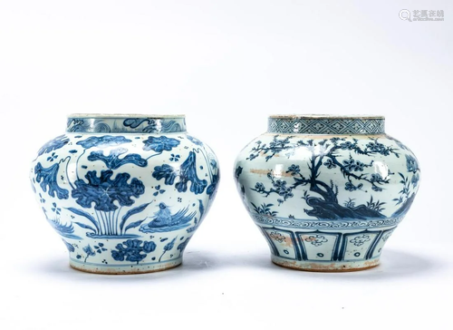 TWO CHINESE SIMILAR BLUE & WHITE STORAGE JARS