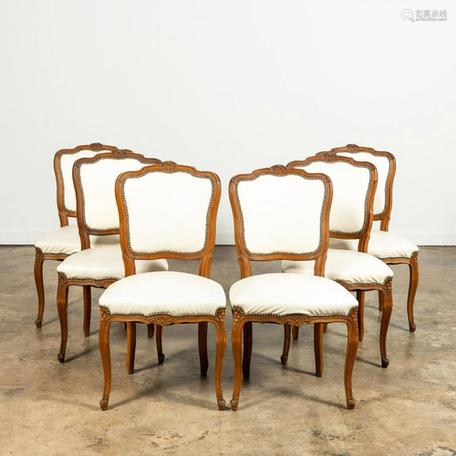 SET, SIX LOUIS XV STYLE CARVED WALNUT SALON CHAIRS