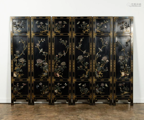 SIX-PANEL CHINESE SCREEN WITH HARDSTONE BIRDS