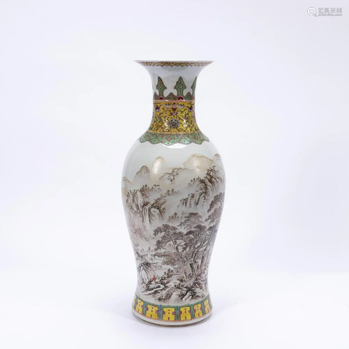 CHINESE TALL FAMILLE ROSE LANDSCAPE VASE