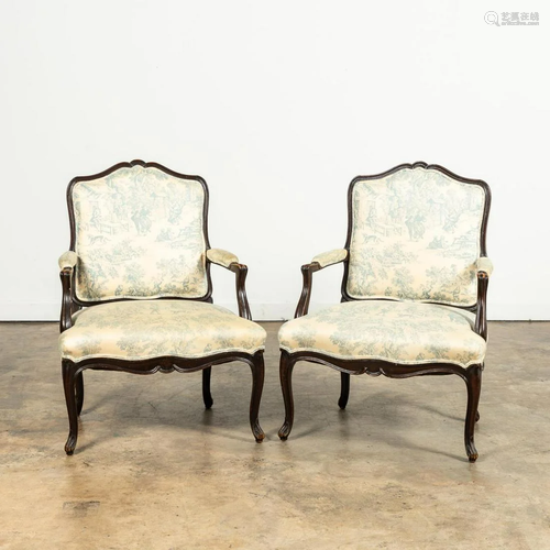 PR., LOUIS XV STYLE WALNUT ARMCHAIRS, BLUE TOILE