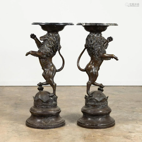 PAIR, BRONZE LION PEDESTALS W/ MARBLE TOPS, SIGNED