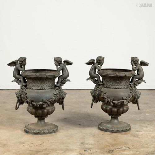 PAIR, BRONZE DOUBLE CHERUB FLORAL GARDEN URNS