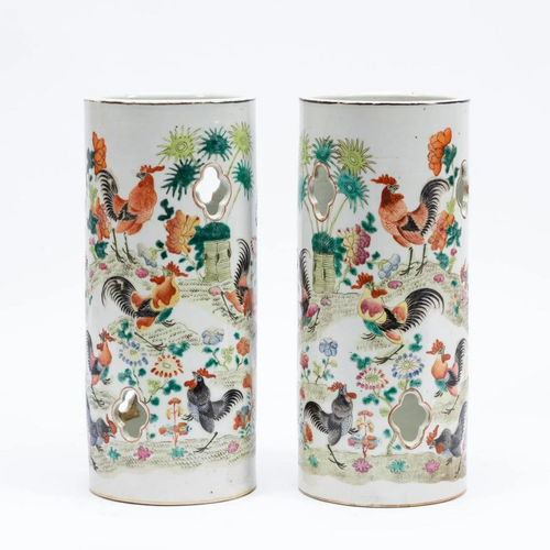 PAIR, CHINESE ROOSTER MOTIF PORCELAIN HAT STANDS