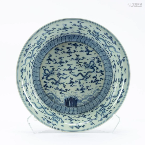 CHINESE BLUE & WHITE LARGE BAT & DRAGON BASIN