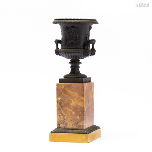 FOUR SEASONS BRONZE URN, SIENA MARBLE BASE