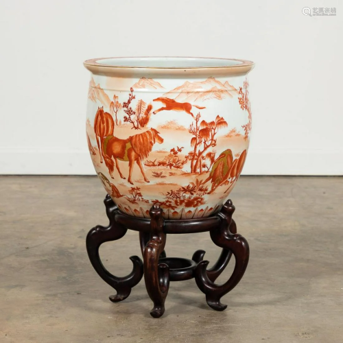CHINESE RUST & WHITE HORSES FISH BOWL ON STAND
