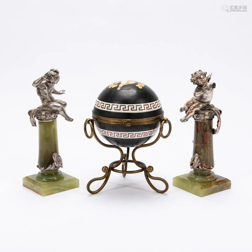 3PC GROUP, CHERUB SPHERICAL BOX & ONYX GARNITURE