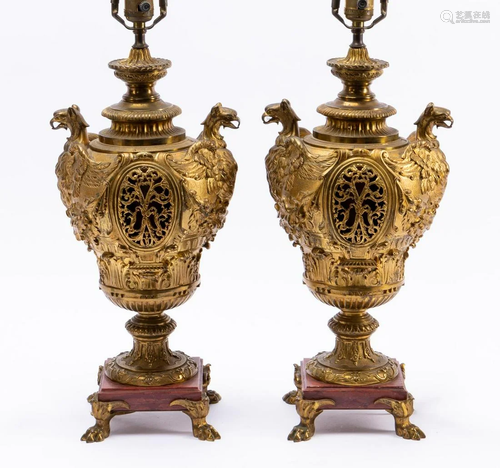 PAIR, 19TH C. GILT BRONZE URN LAMPS WITH GRIFFINS