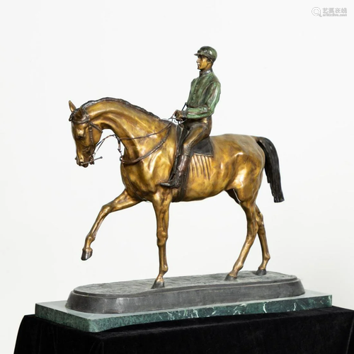 PJ MENE JOCKEY ON HORSEBACK, BRONZE, MARBLE BASE