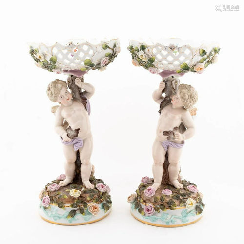 PAIR, LATE 19TH C. TALL PORCELAIN CHERUB COMPOTES