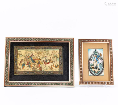 2 PCS, MINIATURE PERSIAN WORKS, MARQUETRY FRAMES