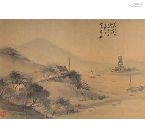 A CHINESE SAILING AMONG MOUNTAINS PAINTING, WU SHIXIAN MARK