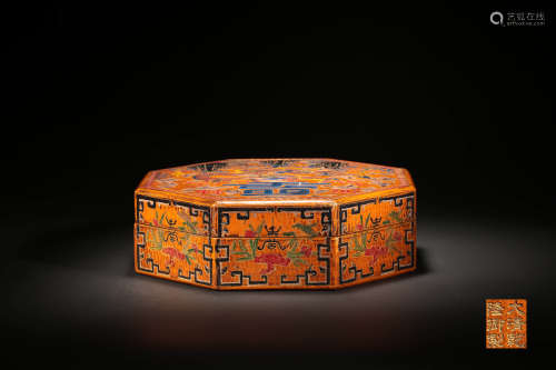 A LACQUER DRAGON AND CHARACTER ‘SHOU’ HEXAGONAL BOX AND COVE...
