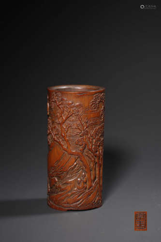 A CARVED BAMBOO FIGURE BRUSH POT