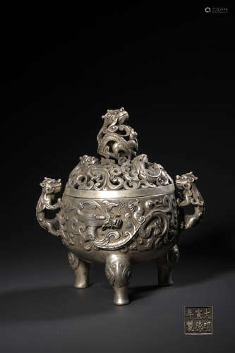 A SILVER CHILONG DOUBLE BEAST-EARED TRIPOD INCENSE BURNER
