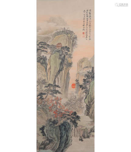 A CHINESE LANDSCAPE PAINTING PAPER SCROLL, JIN CHENG MARK